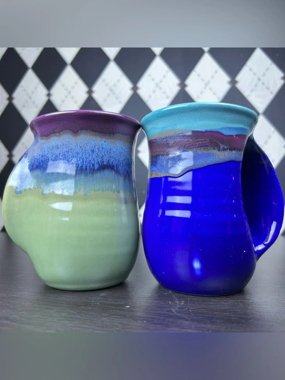 Hand Warmer Mugs Signed Neher Pair Drip Glaze‎ Studio Pottery