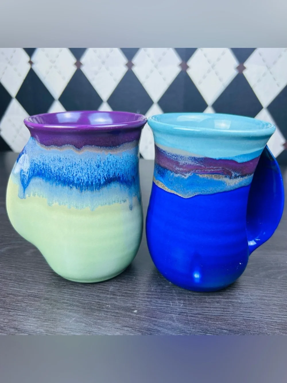 Hand Warmer Mugs Signed Neher Pair Drip Glaze‎ Studio Pottery