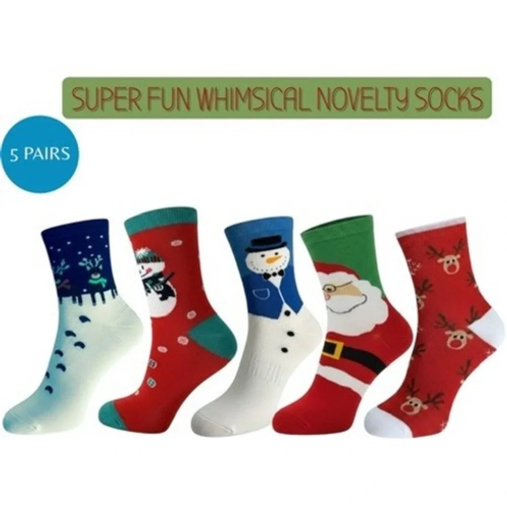 Novelty Christmas Knit Socks 5.5-8.5 US Holiday Unisex Soft Reindeer 5 Pk NEW