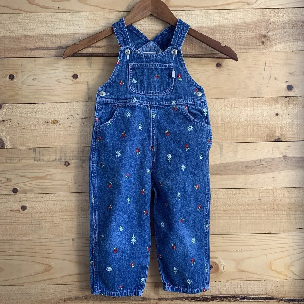 Vintage Carters 2T Daisy Bib Overalls Denim Floral Jean‎ 90's