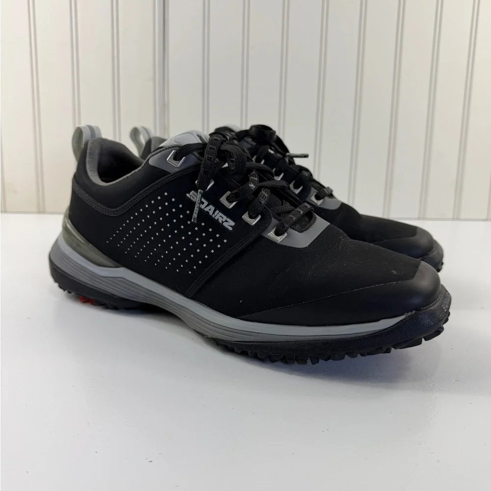 SQAIRZ Golf Shoes Mens Size 7.5‎ Black Gray Spiked Cleats Lace Up Square Toe