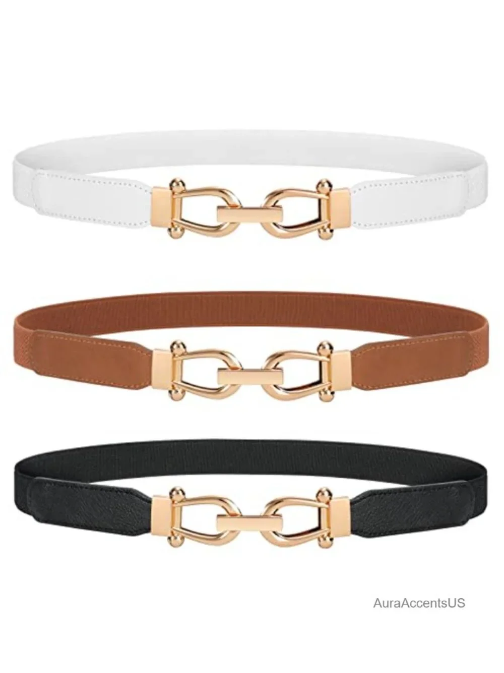 Women Stretchy Waist Belt Elastic Skinny Belt with Gold Buckle