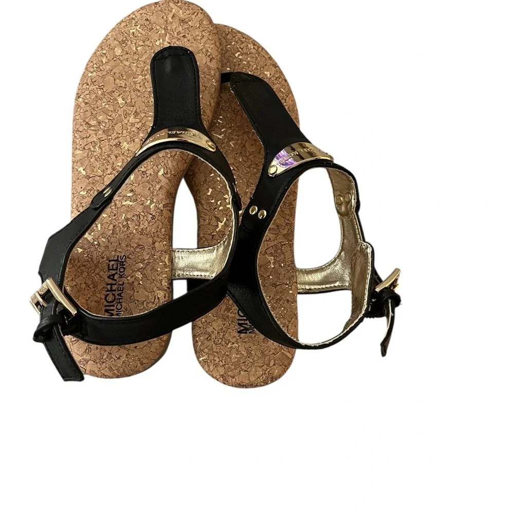 Michael Kors Girls‎ Tilly Jane Sandals | Size 2 | Black & Gold Cork Flat