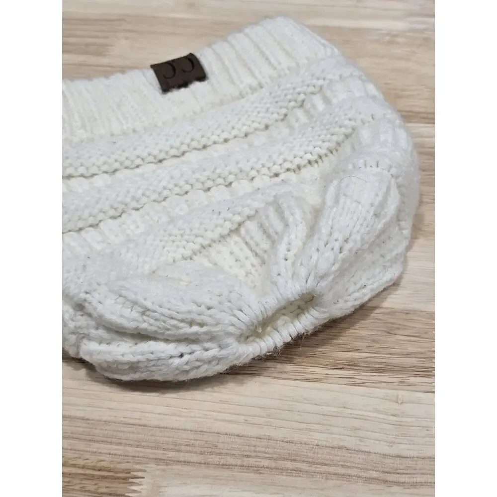 C.C Exclusive CC Beanie tail Ponytail Messy Bun Solid Ribbed Knit Beanie Hat