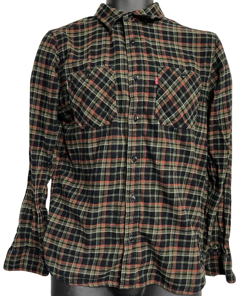 Levis Flannel Shirt Men Size S Green Orange Black Plaid 100% Cotton Long Sleeve