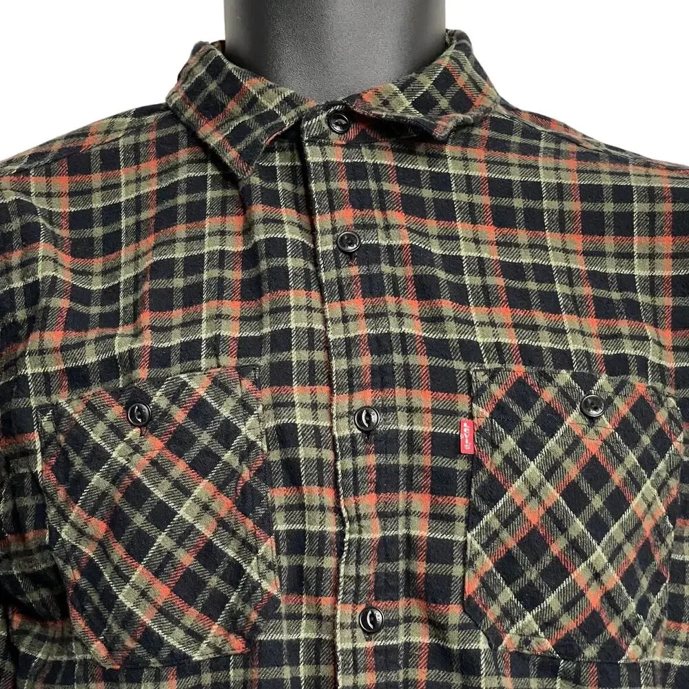 Levis Flannel Shirt Men Size S Green Orange Black Plaid 100% Cotton Long Sleeve