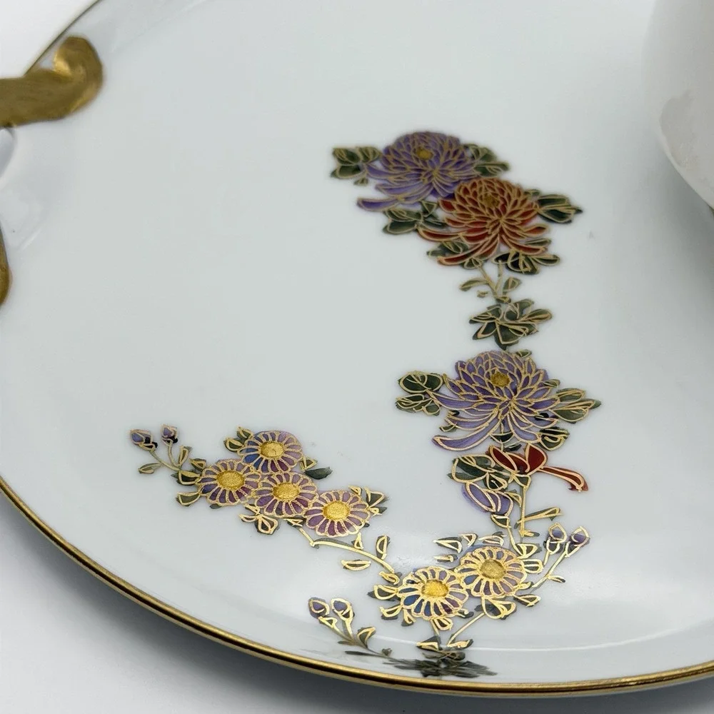 Vintage Kutani Style Kyoto Japan Tea Set 4 Cups Snack Trays Eggshell Gold Floral