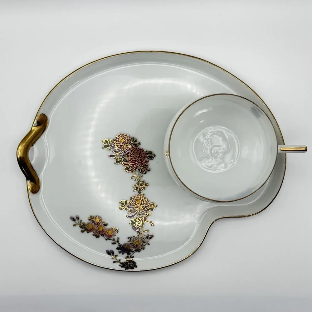 Vintage Kutani Style Kyoto Japan Tea Set 4 Cups Snack Trays Eggshell Gold Floral