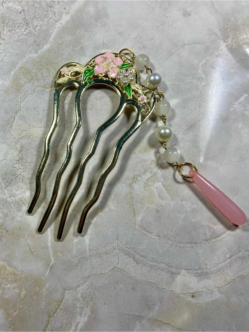 Hand Crafted Gold Floral Hair Fork with Pink and Pearl Dangle