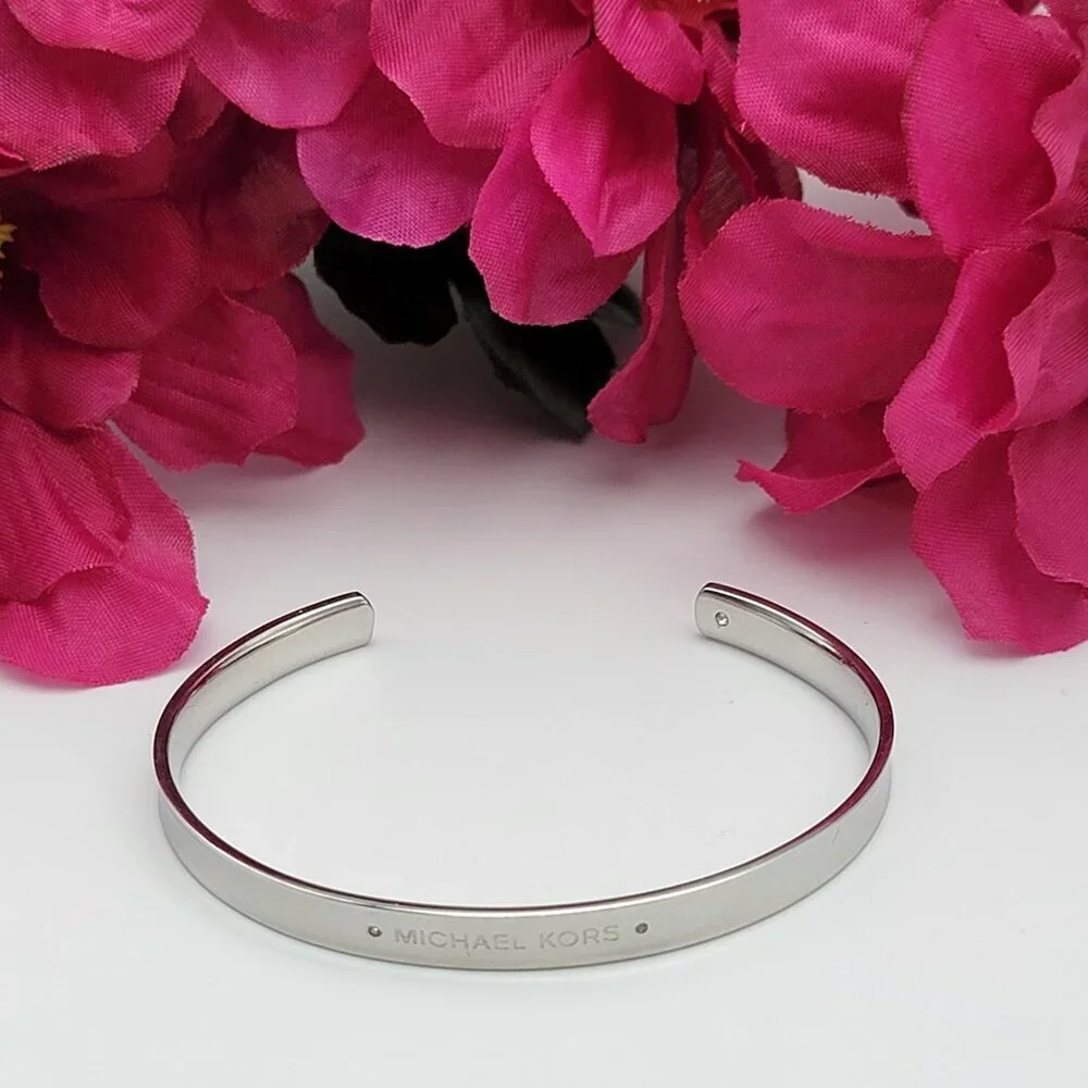 Michael Kors Silver Tone Logo Open Cuff Bracelet Tiny Diamond Accent 6.5