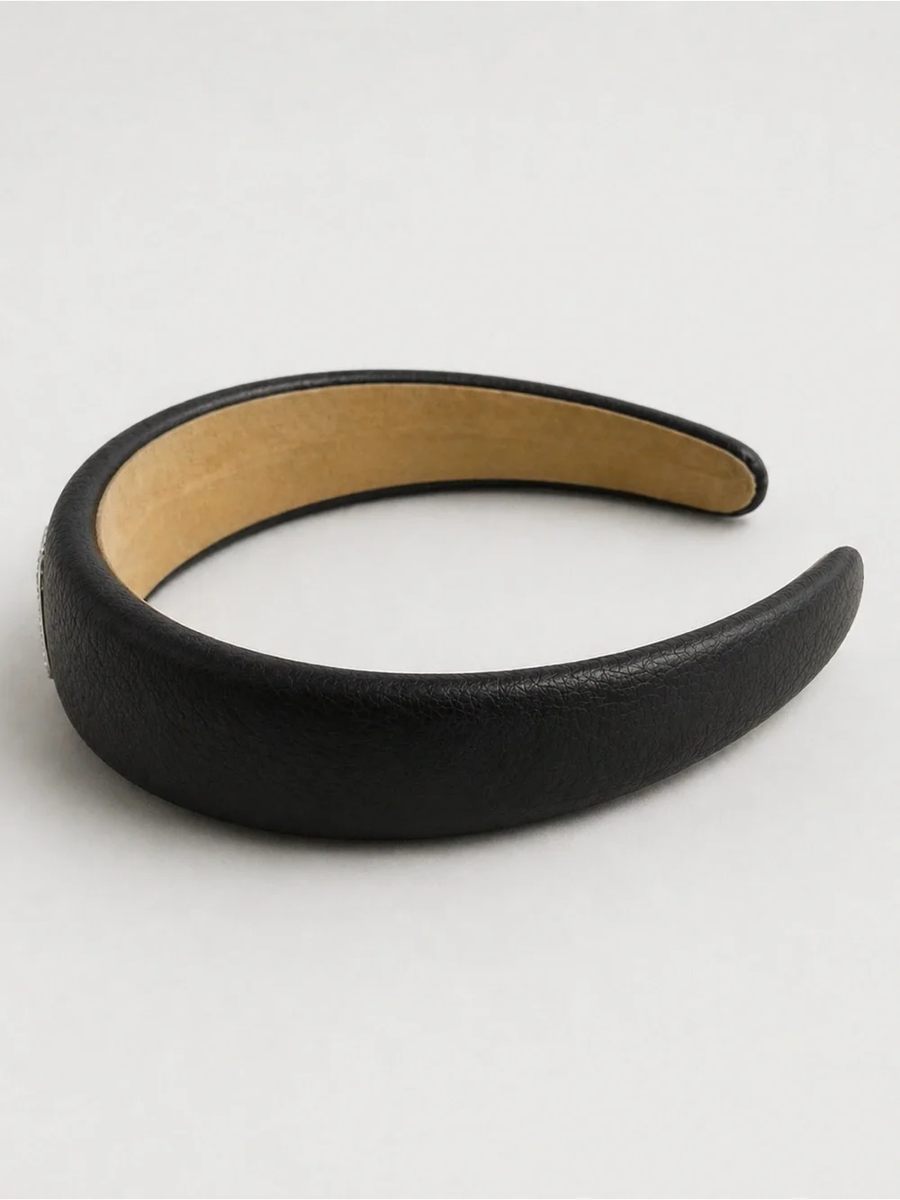 Balenciaga Black Leather Padded Headband with Crystal BB Emblem