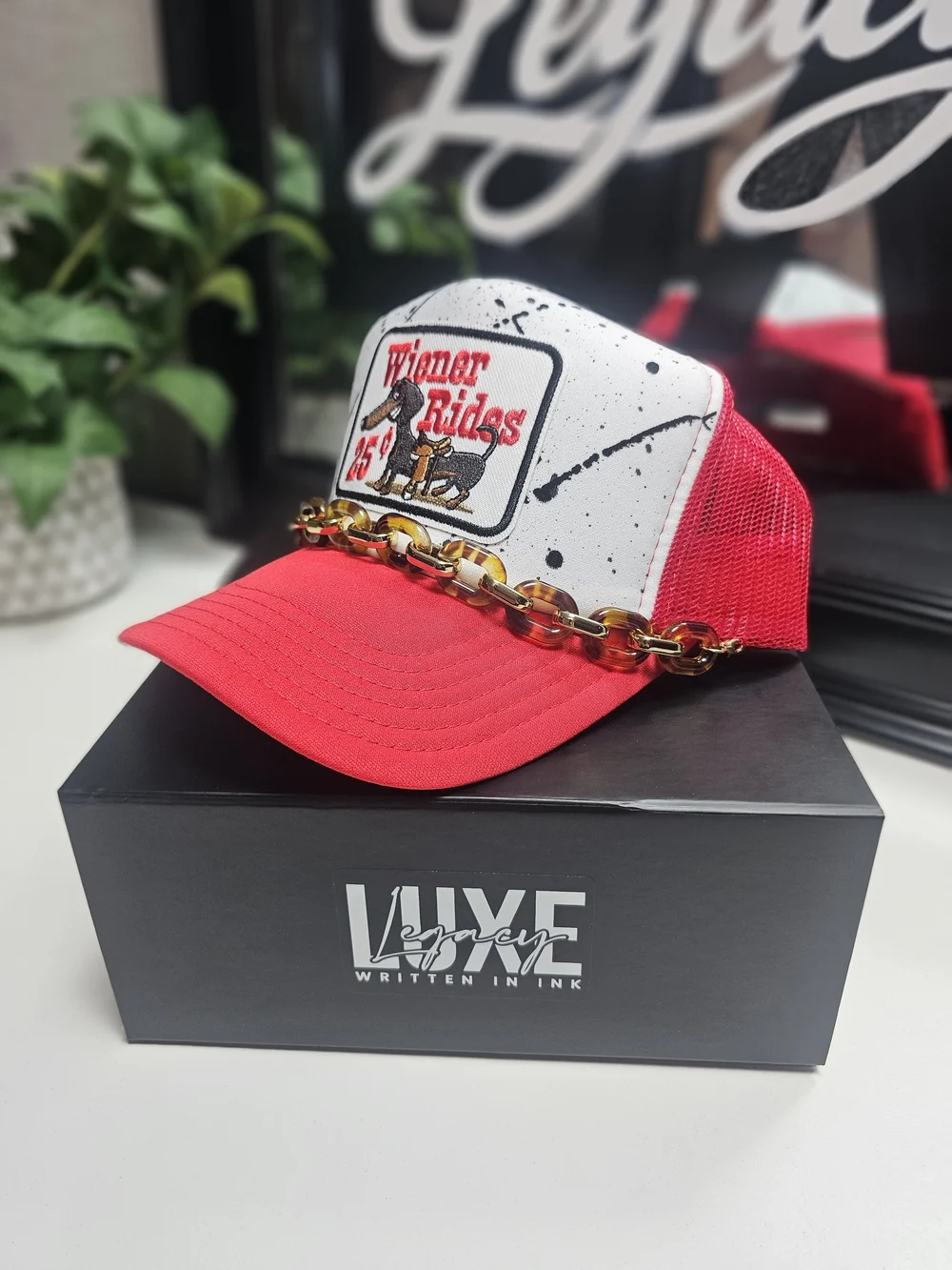 Custom Wiener Rides Red & White Trucker Hat with Tortoiseshell Chain