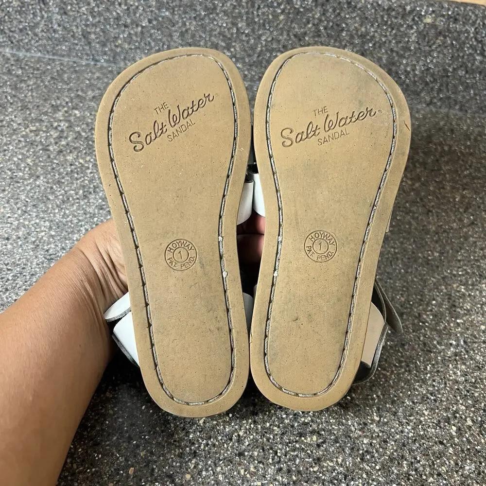 The Salt Water Sandal White Leather Little Girl Size 1 Ankle Strap Open Toe Flat