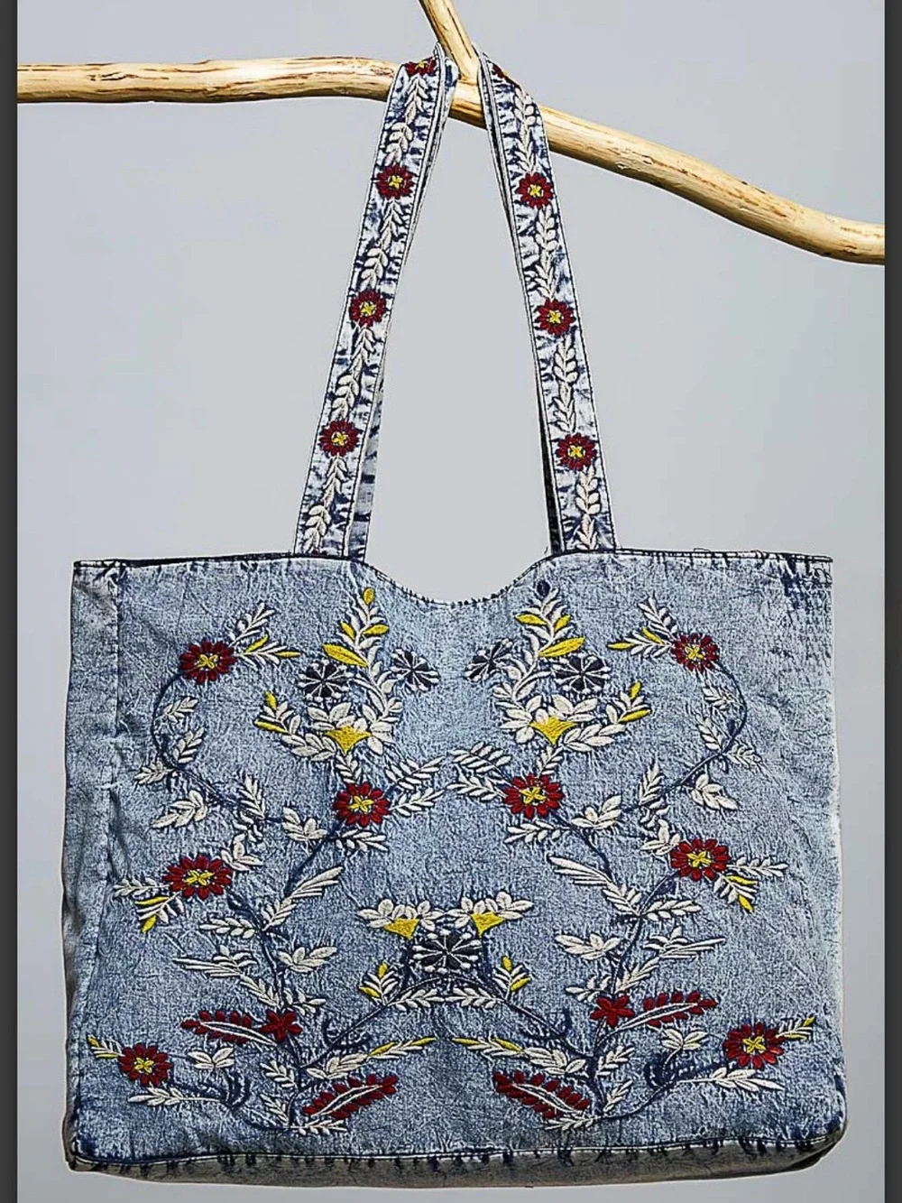 POL Embroidered Denim tote with Floral Accents - Blue, Yellow, Red