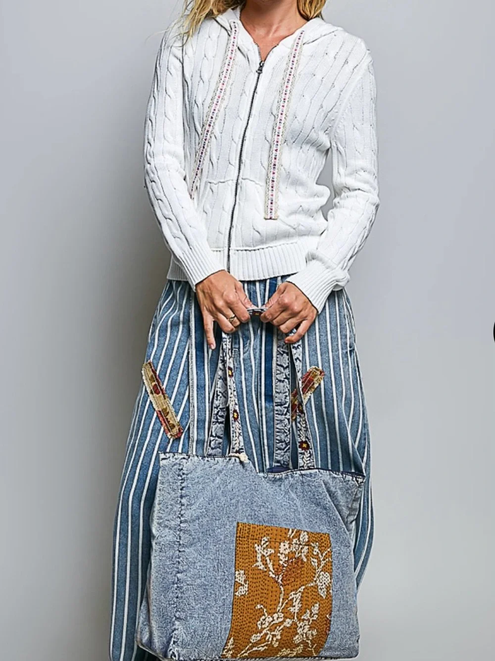 POL Embroidered Denim tote with Floral Accents - Blue, Yellow, Red