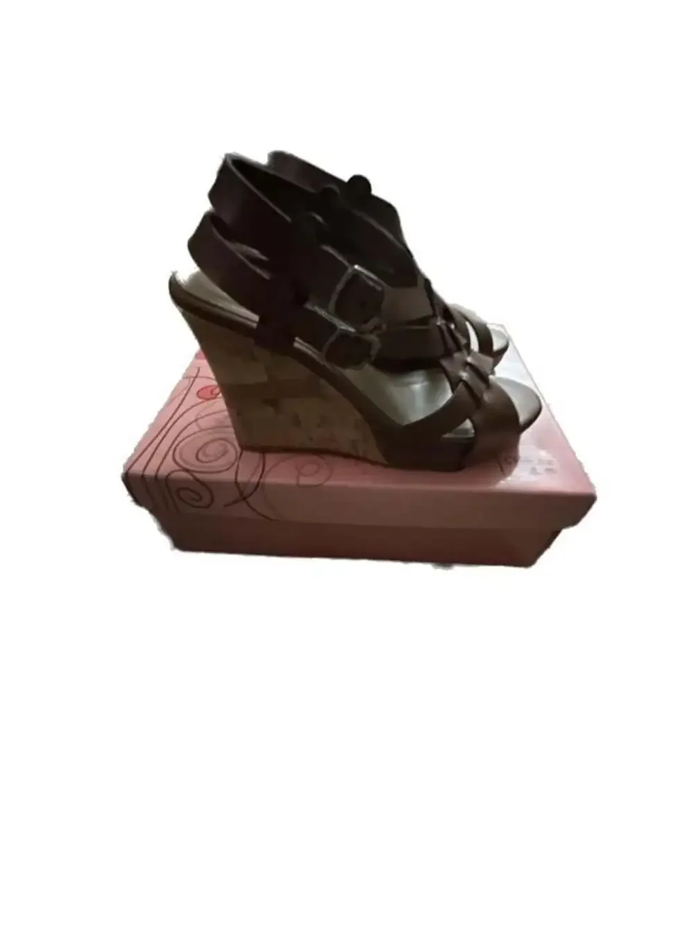 ShoeDA Brown Leather Strappy Cork Wedge Sandals