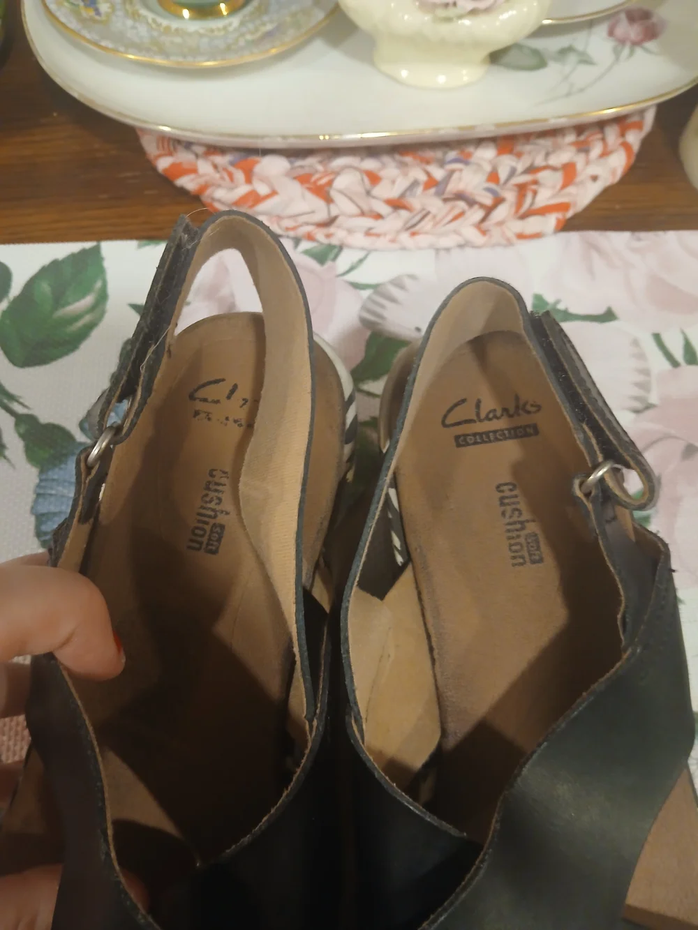 Clarks Black Crisscross Wedge Sandals with Patterned Sole