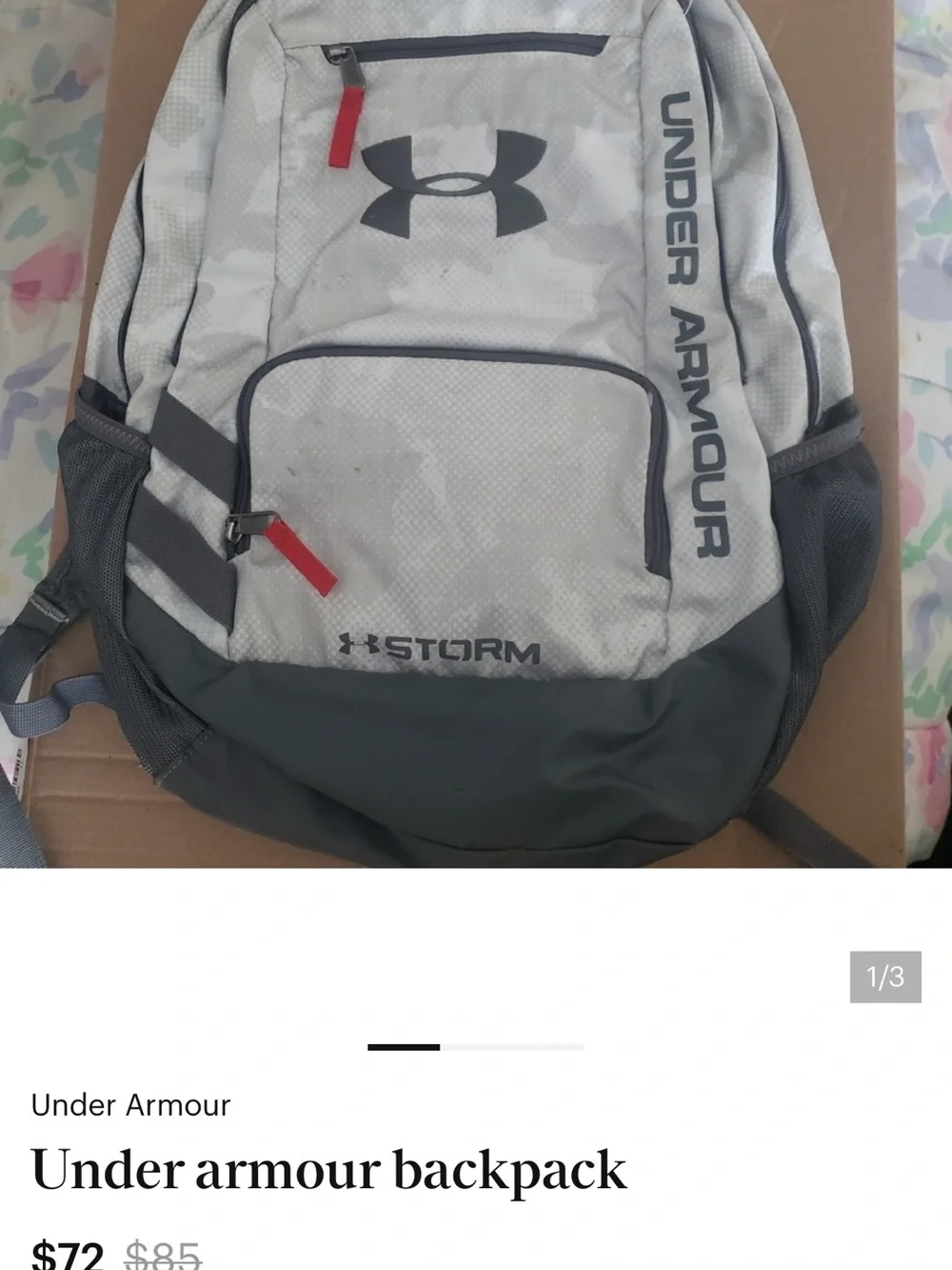 Under Armour Light Gray and Dark Gray Storm Backpack with Red Pulls