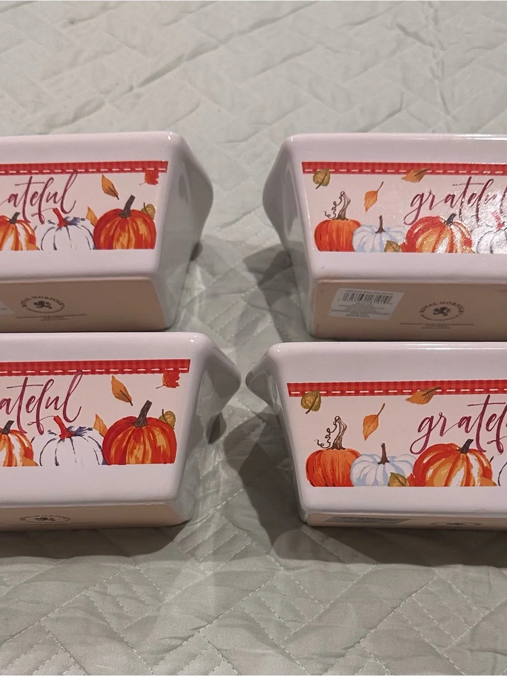 Set of 4 Royal Norfolk Happy Fall Pumpkin Ceramic Ramekins Soufflé Bowls 5”