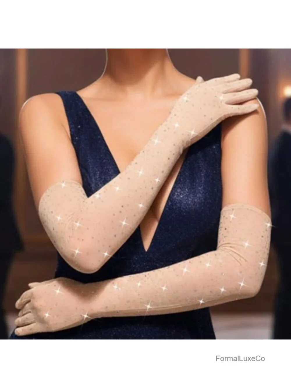 Sparkly Rhinestone Gloves Long Mesh Elbow Length Arm Sleeves Wedding Prom