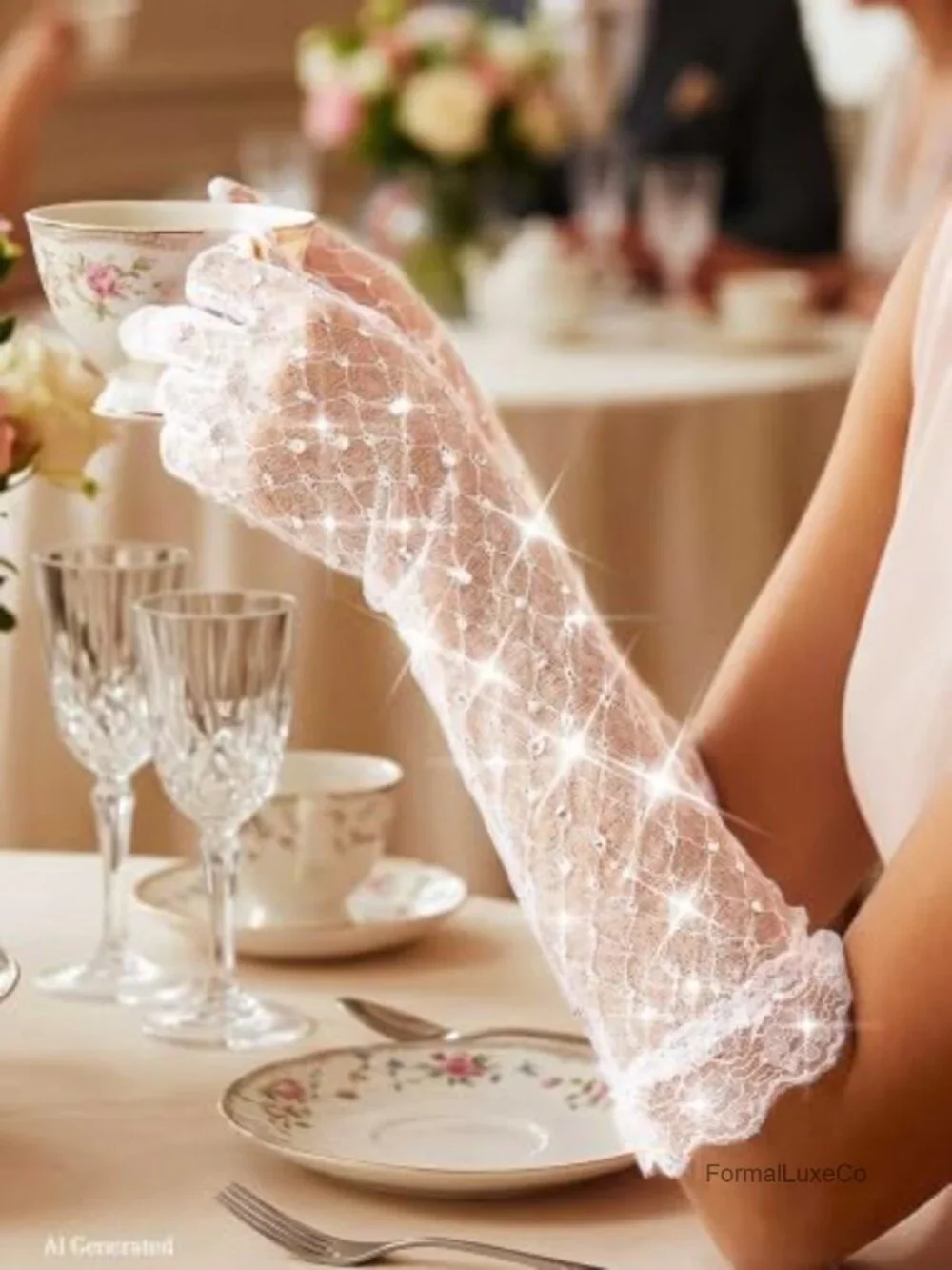 Long Lace Formal Gloves with Rhinestone Sparkly Glitter Costume Gloves