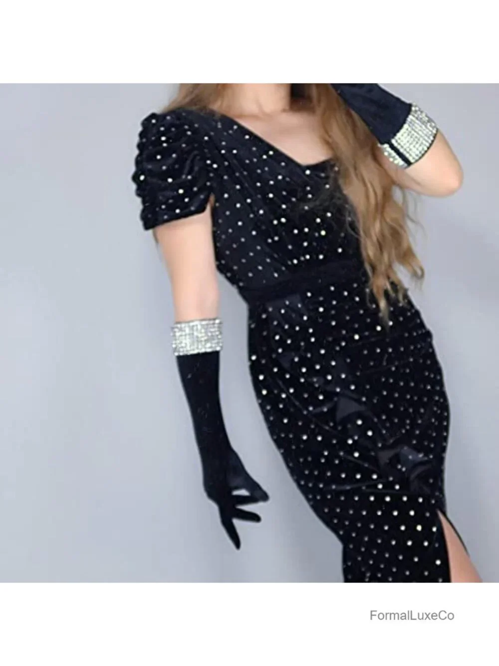 Long Velvet Gloves Rhinestone Stretch Cuff 16