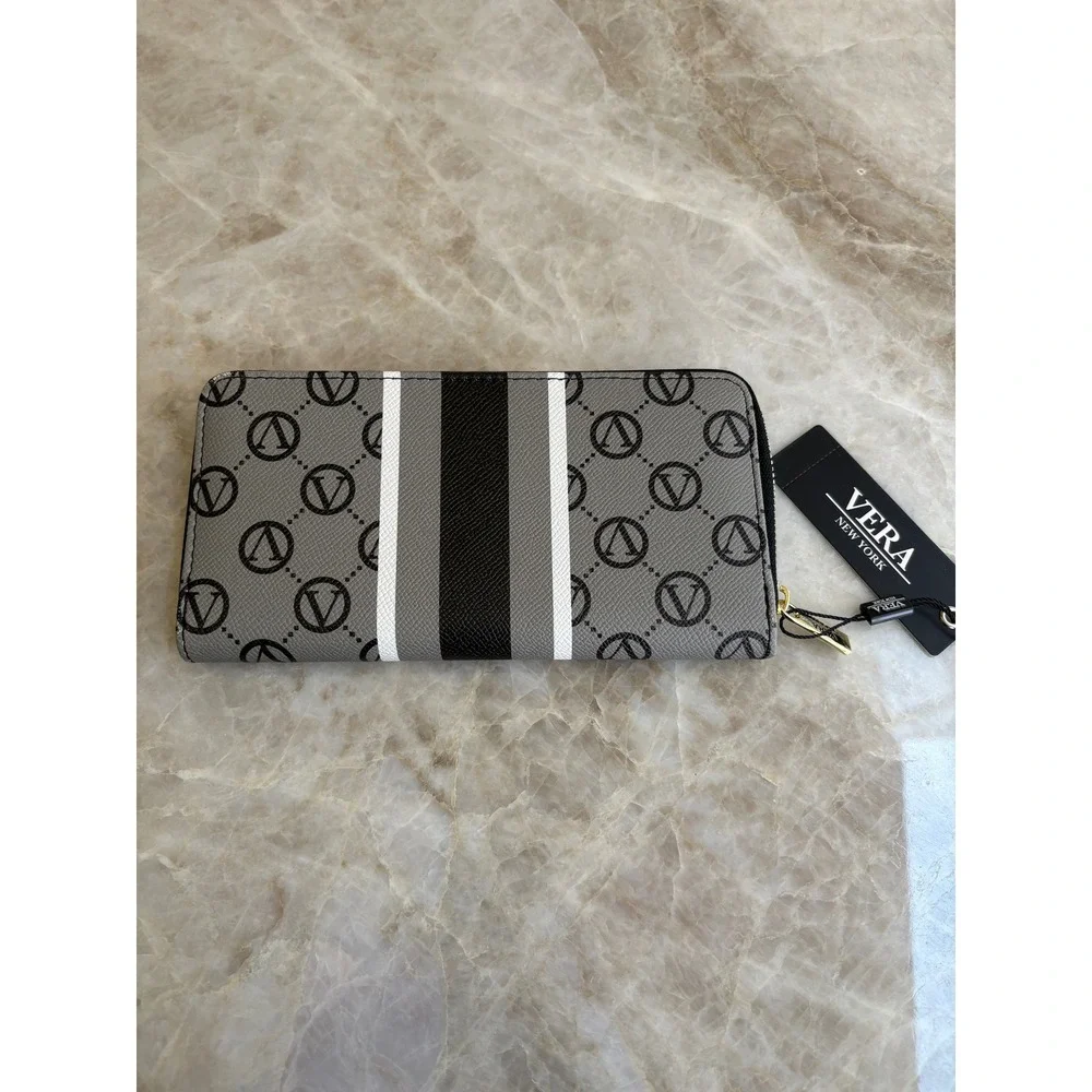 Vera Neumann Signature Zip Around Wallet Logo Grey Black VNWS22962 New NWT
