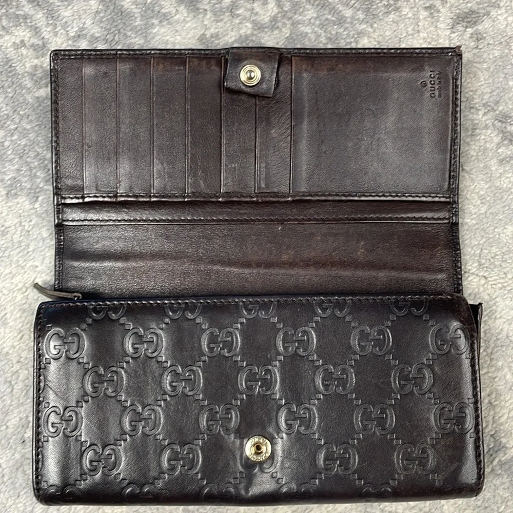 Gucci Leather Embossed GG Long Snap Wallet Dark Brown Interlocking GG