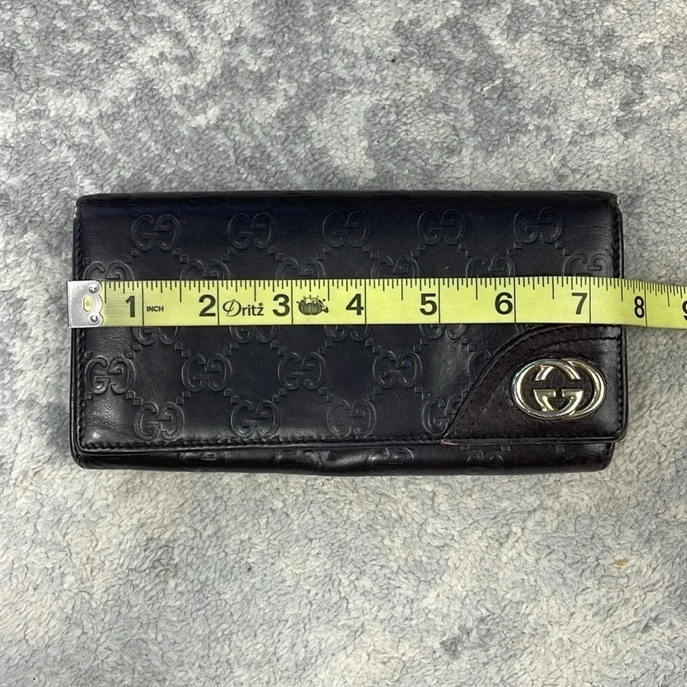 Gucci Leather Embossed GG Long Snap Wallet Dark Brown Interlocking GG
