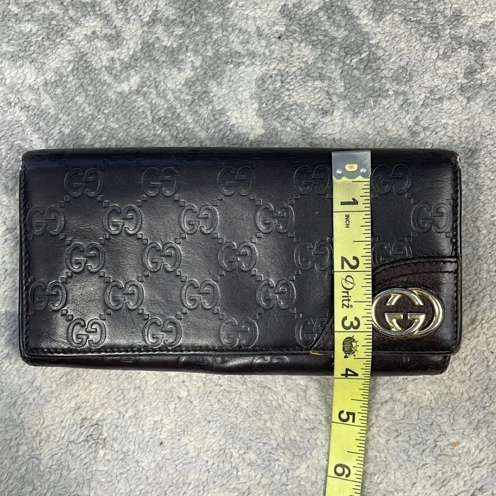 Gucci Leather Embossed GG Long Snap Wallet Dark Brown Interlocking GG