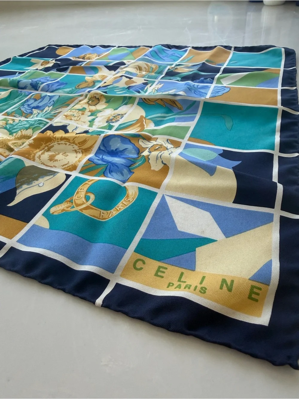 Celine Silk Scarf in Navy, Teal & Mustard