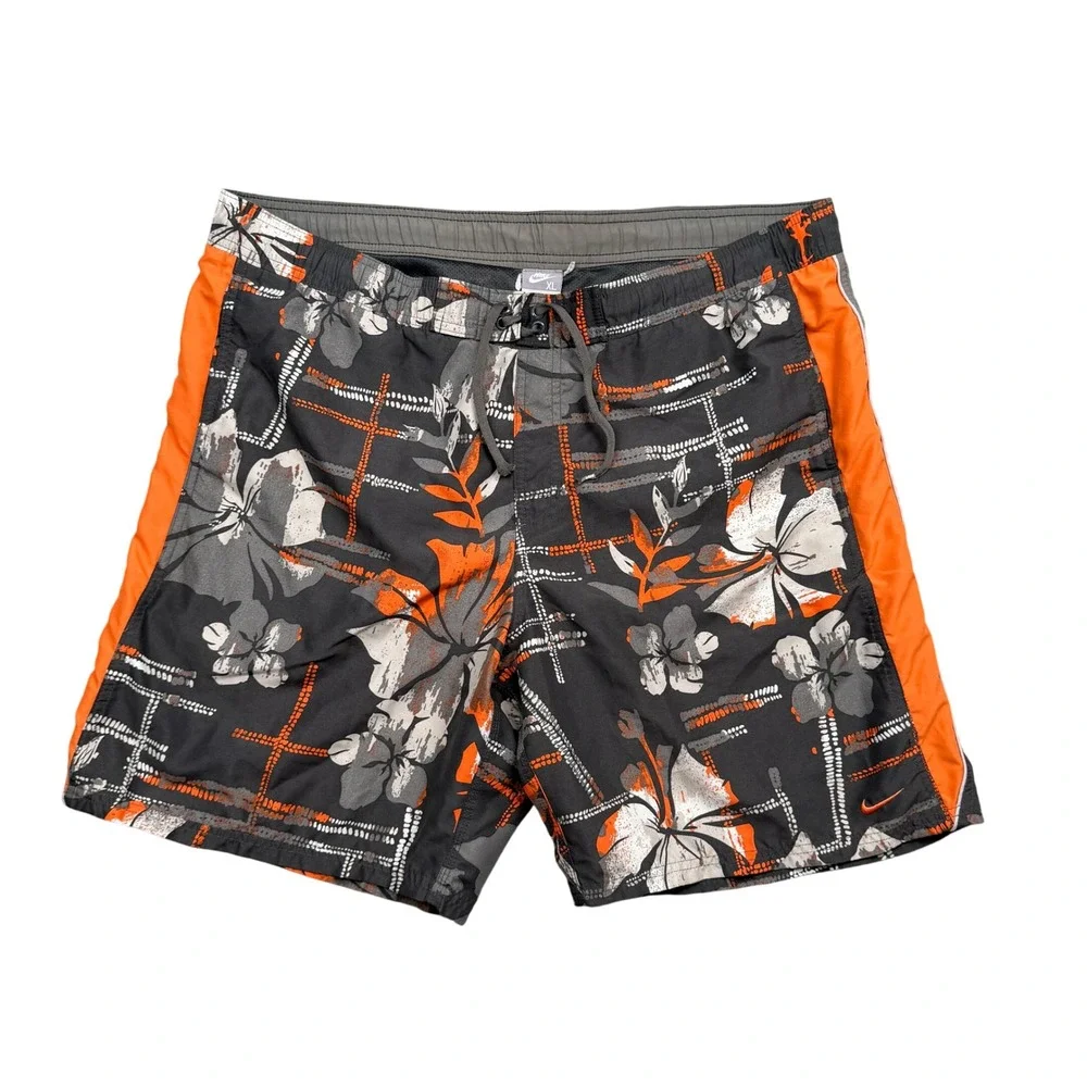 Nike Men's XL Black Orange Floral Board Shorts Swim Trunks Drawstring Pockets