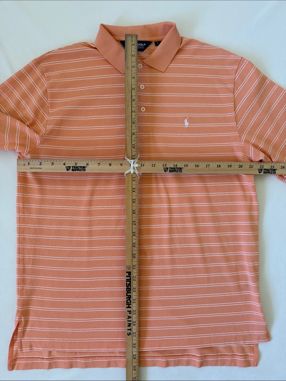 Ralph Lauren Polo Golf Orange Striped Polo with White Pony Logo Size Large‎
