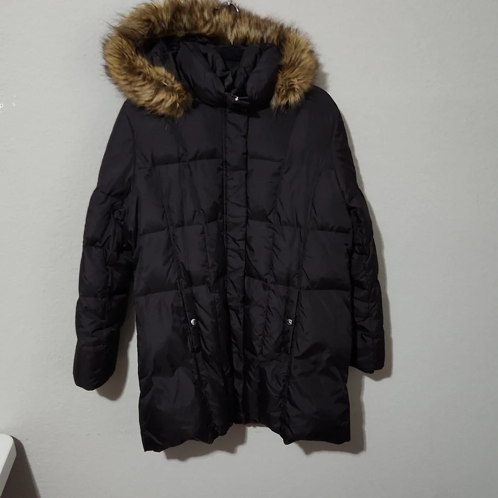 Michael Kors Jacket Womens Size XL Quilted Puffer Faux Fur Hood Black Brown