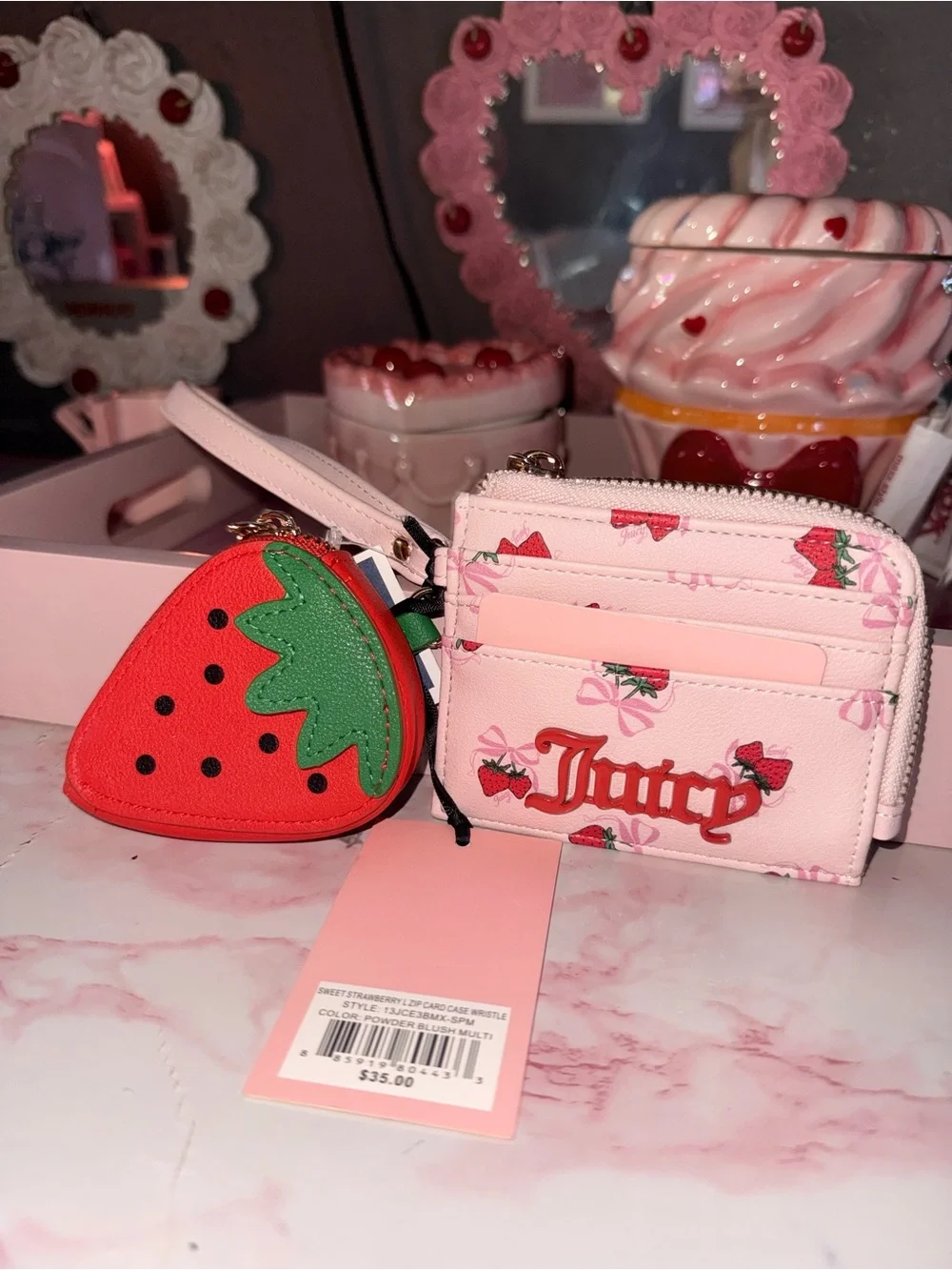 Juicy Couture Sweet Strawberry Zip Card Case Wristlet with Strawberry Coin Pouch