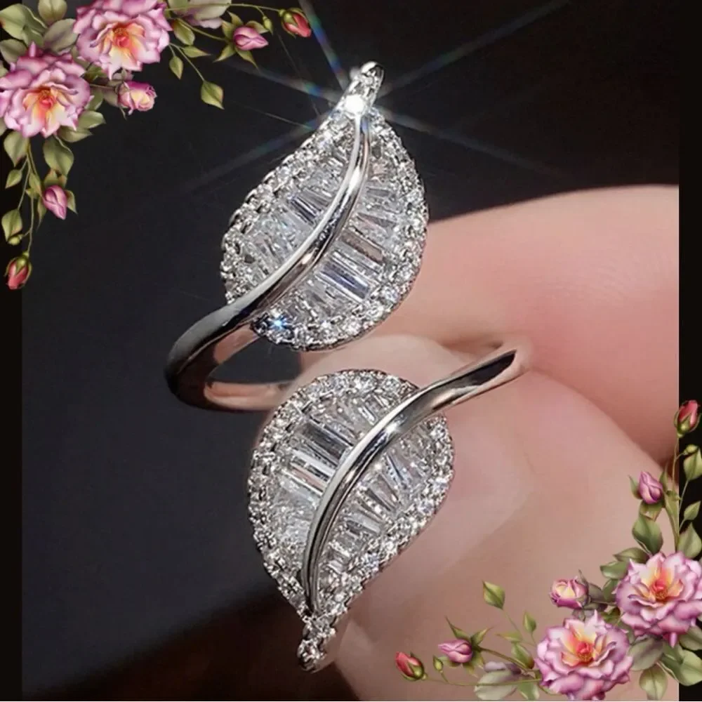 Cubic Zirconia Leaf Shaped‎ Open Ring