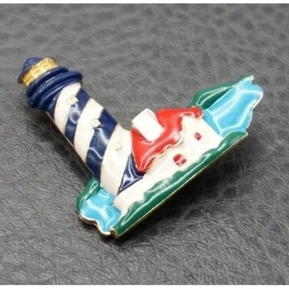 Vintage Enamel Lighthouse Pin Brooch Gold Tone Red White Blue