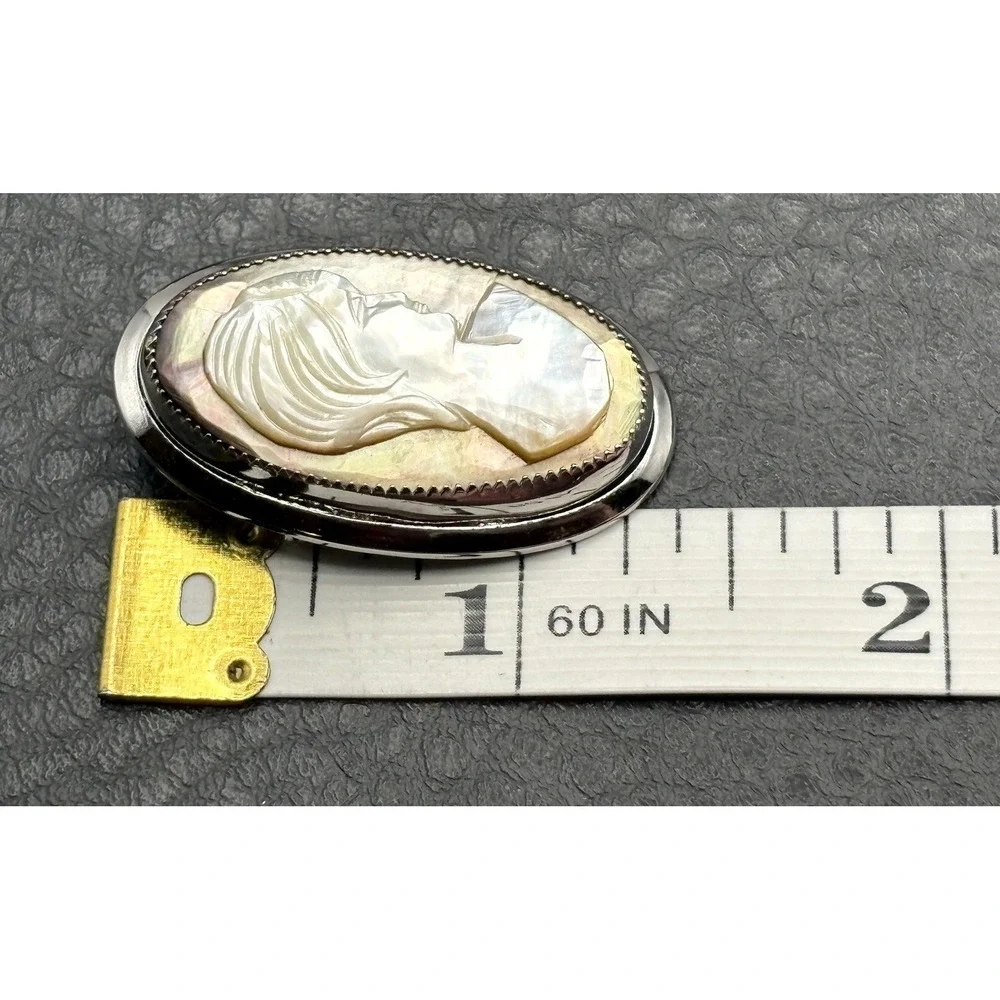 Vintage 12K White Gold Filled Mother of Pearl Abalone Lady Cameo Brooch Pin