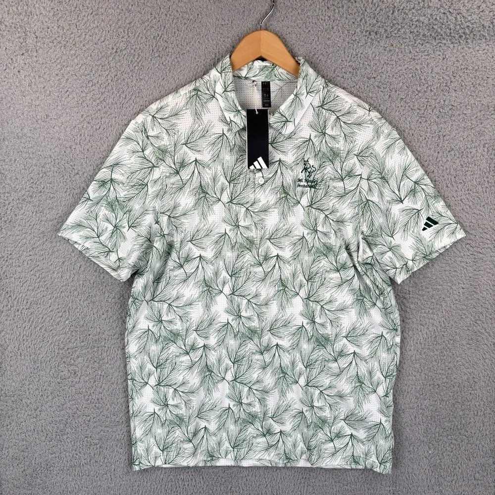 NEW Adidas Polo Golf Shirt Mens Large White Green Pine Needle Print Vented *Logo