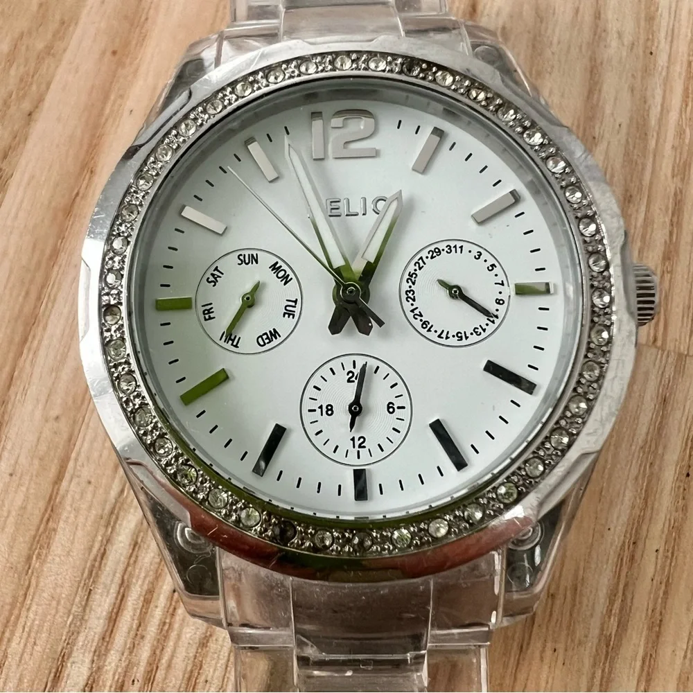 Relic ladies silver tone clear links fashion watch NEW BATTERY