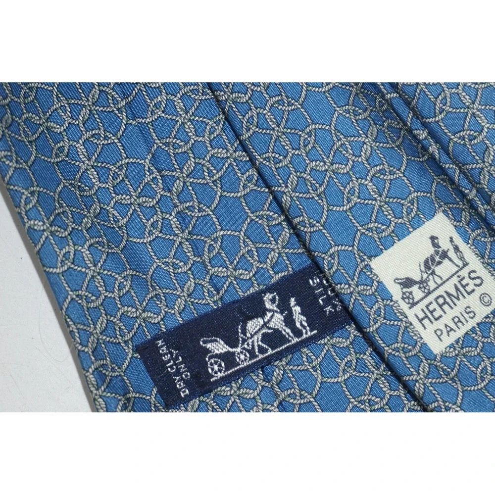 Hermes Paris Tie Mens Blue Geometric Interlocking‎ Rings 100% Silk Rope Pattern