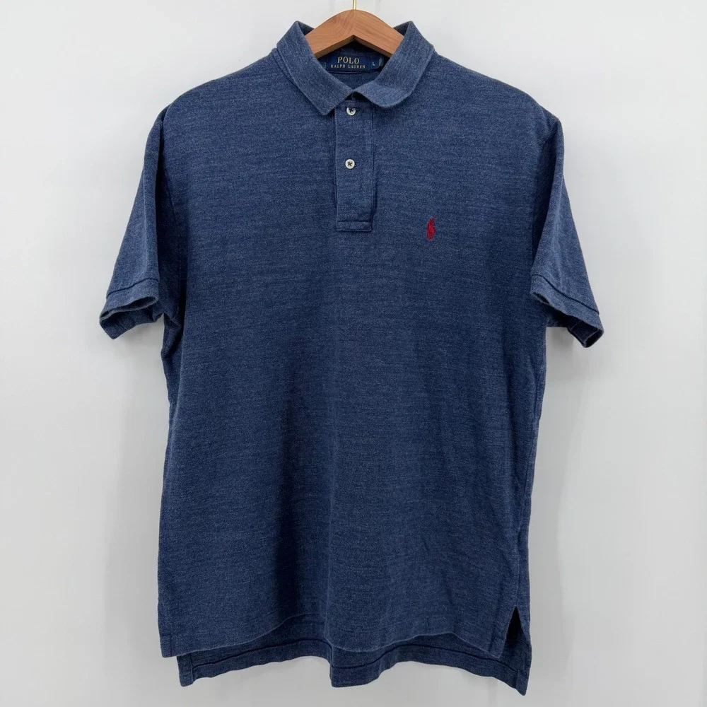 Polo Ralph Lauren Mens‎ L Blue Heathered Short Sleeve Polo Shirt Red Pony Logo