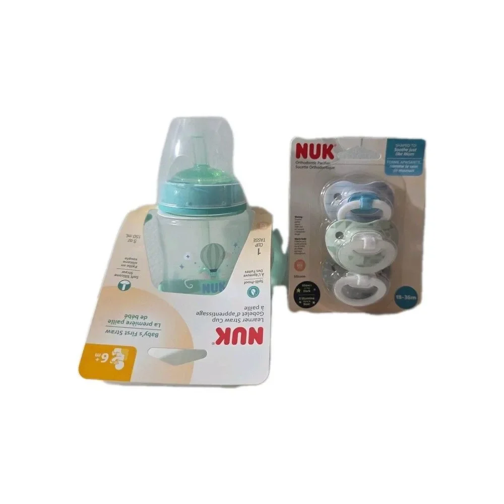 NUK Learner Straw Cup 5oz‎ + 3 Orthodontic Pacifiers 18–36m Set Baby Spill-Proof