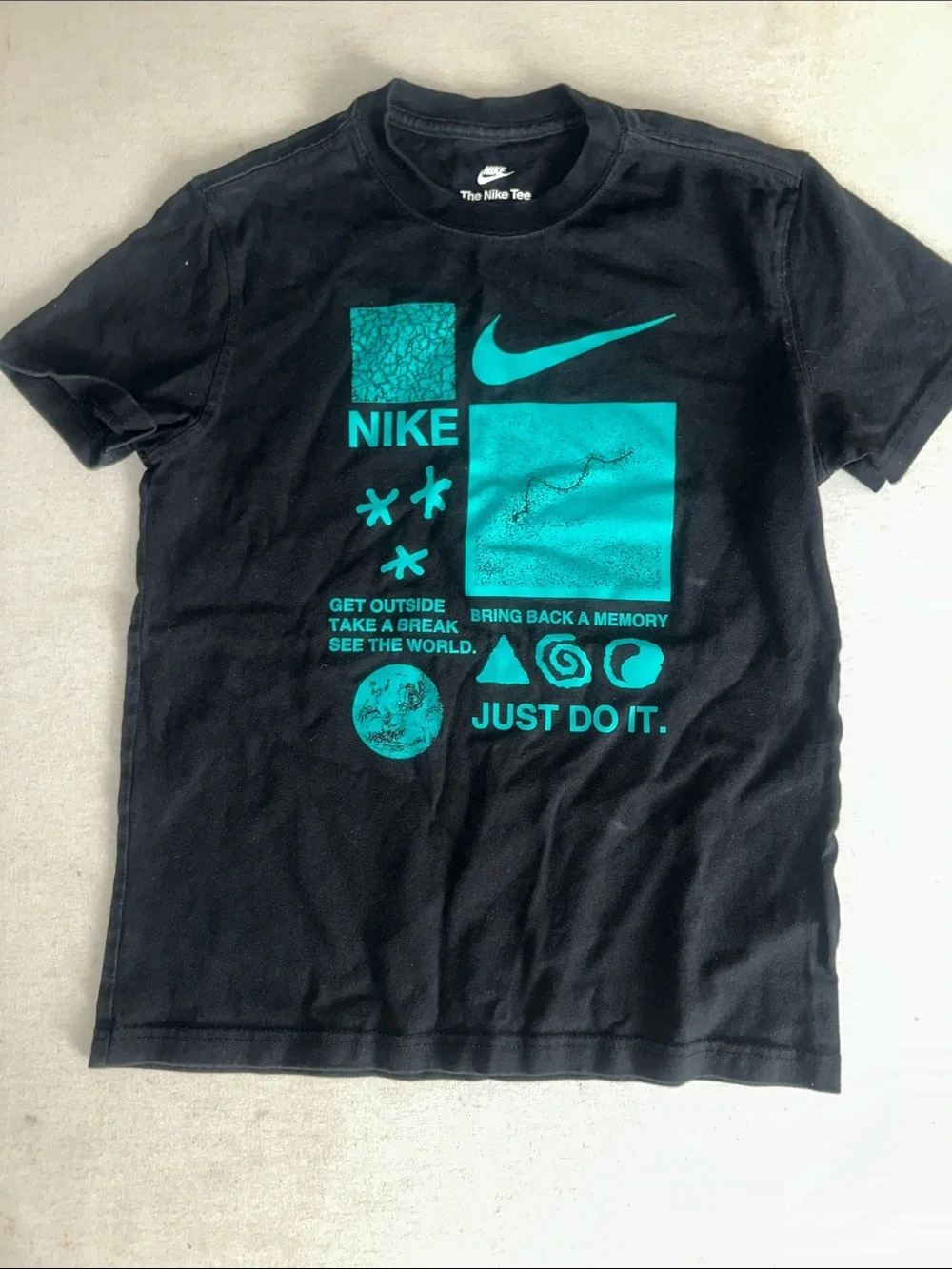 Kids Size M Nike Black Tee with Teal Graphic Panels