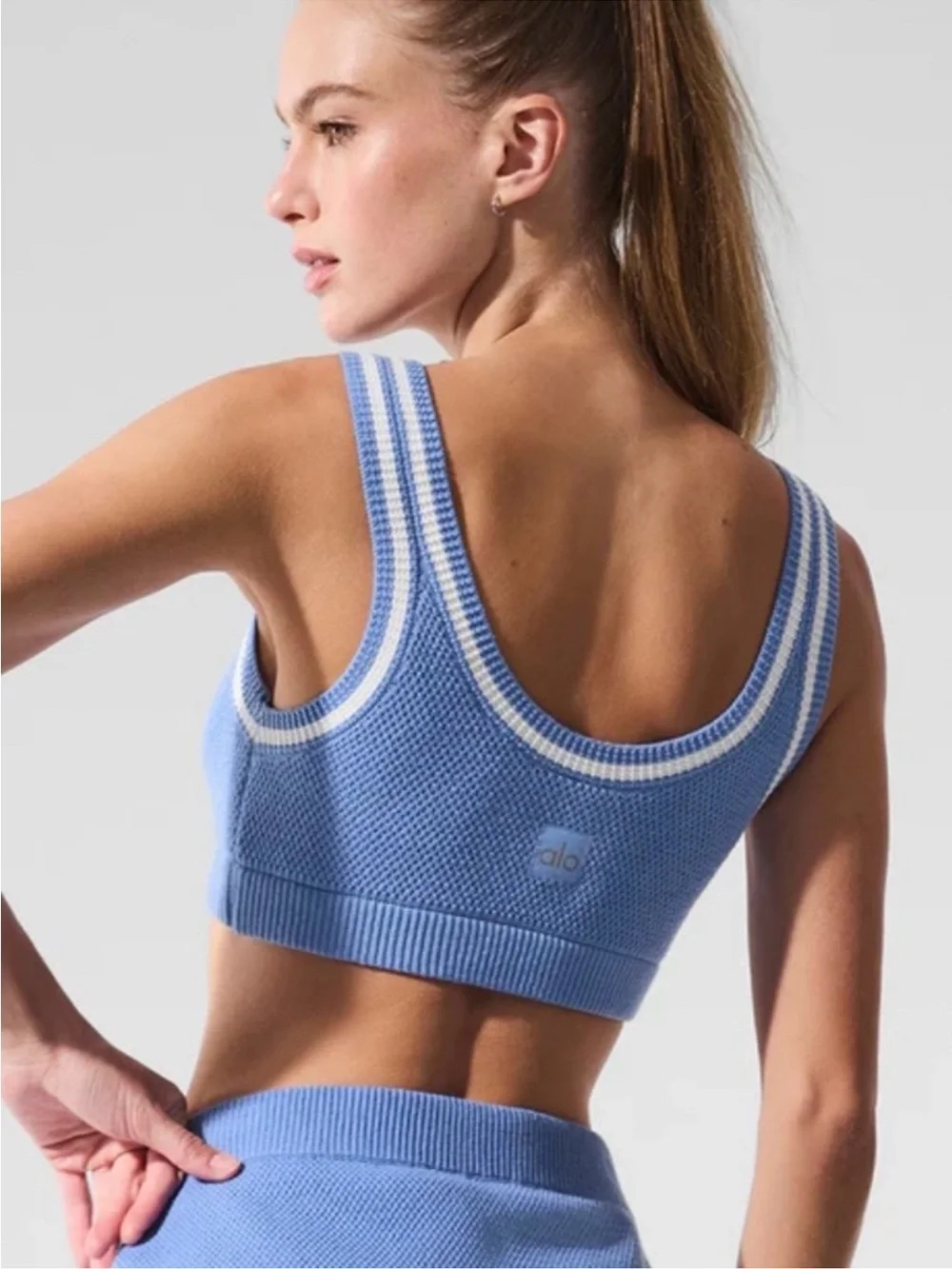 ALO Yoga Tennis Club Sweater Knit Bra Crystal Clear Blue NWT Medium