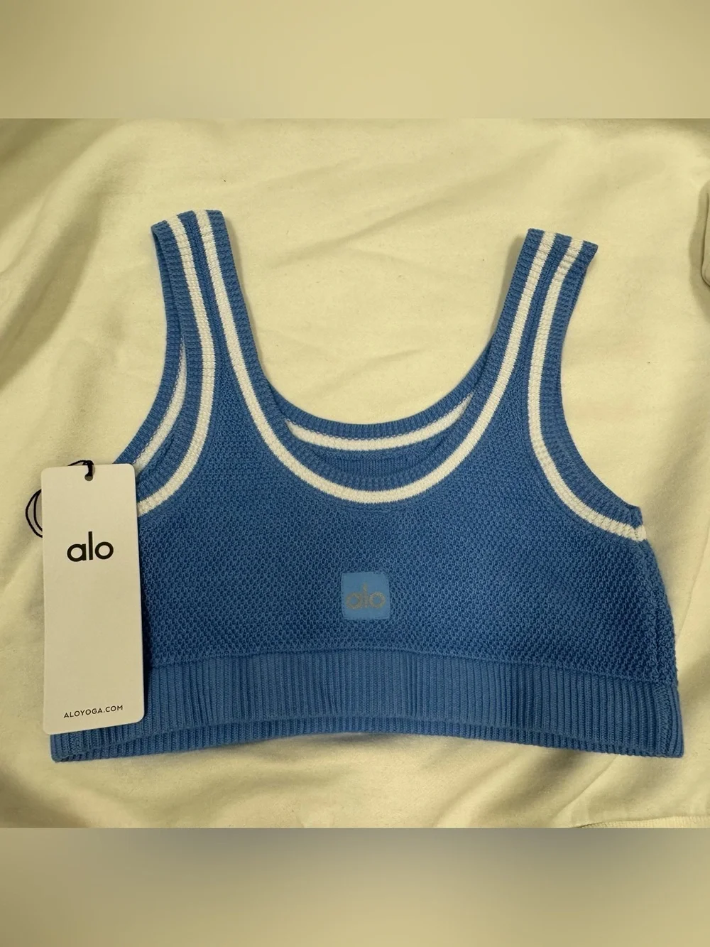 ALO Yoga Tennis Club Sweater Knit Bra Crystal Clear Blue NWT Medium