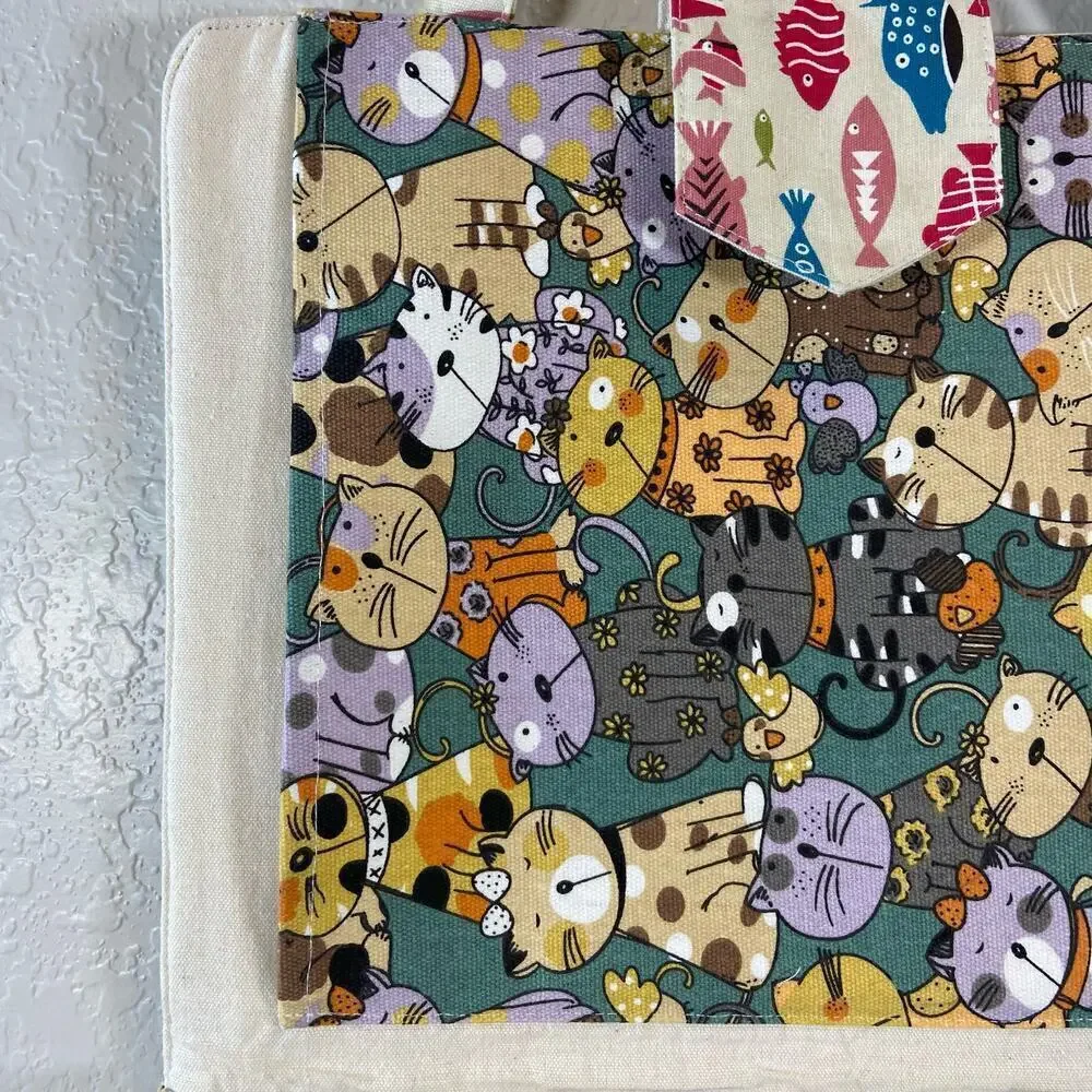 HANDMADE Notebook Tablet Bible Stationary Case Fish & Cats Textile Design