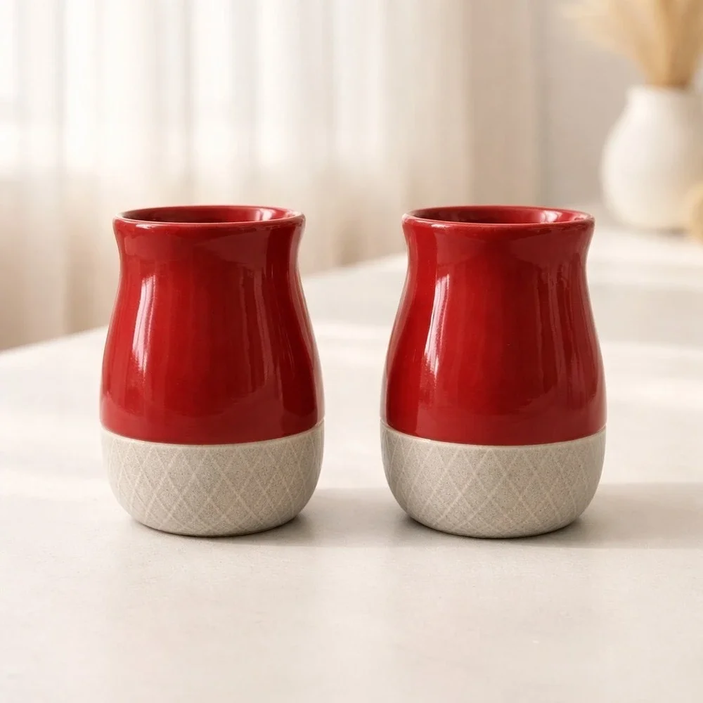 Unmarked/Unbranded Set Of Ceramic Red Tan Basket Weave‎ Kitchen Canister/Vases