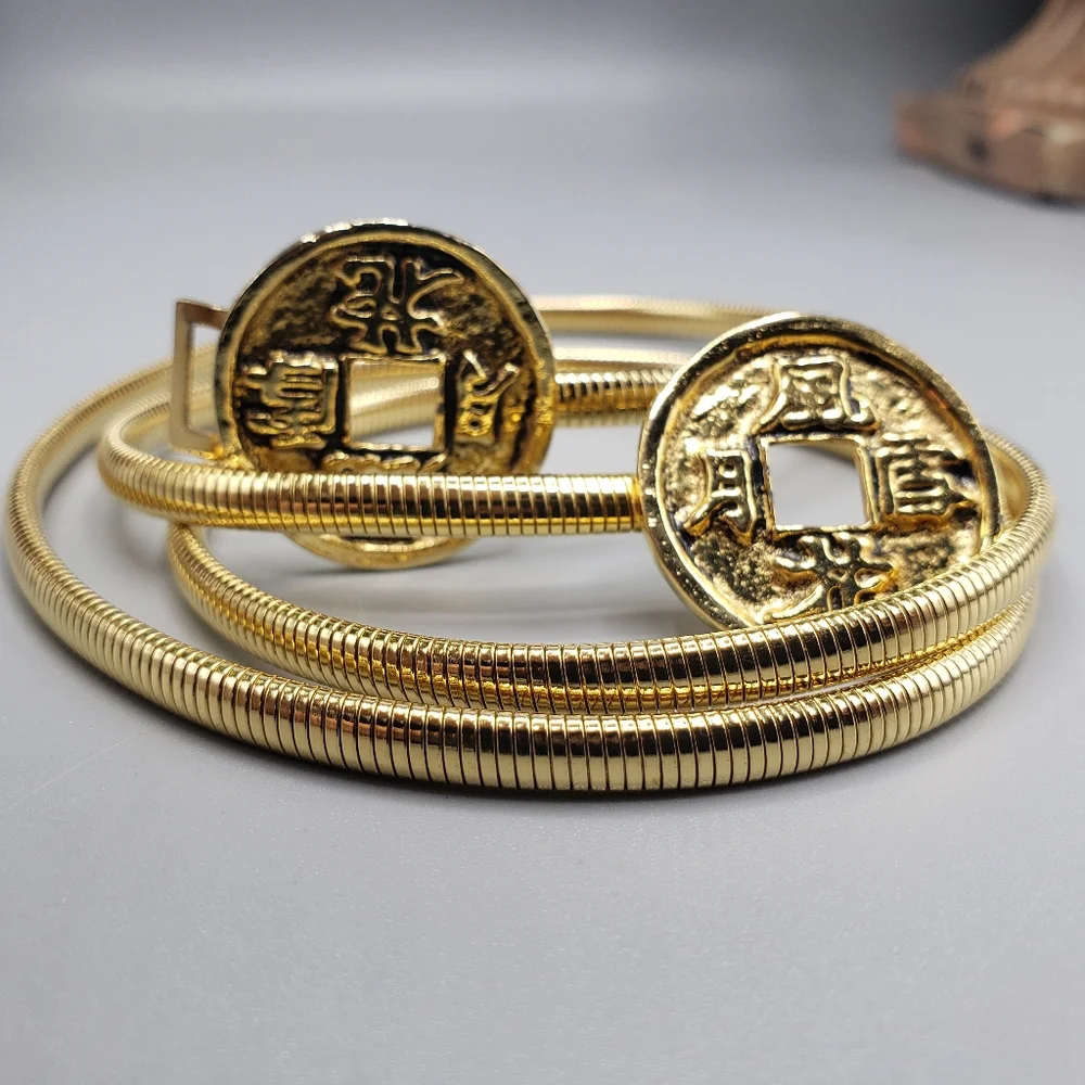 BELT Stretchy Gold w/ Oriental Asian Engravings Vintage Retro Minimalist S/M
