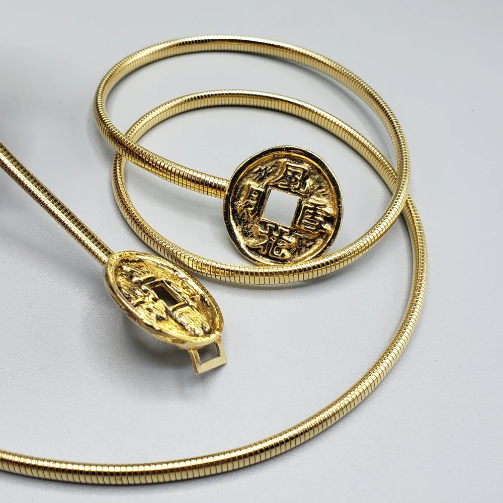 BELT Stretchy Gold w/ Oriental Asian Engravings Vintage Retro Minimalist S/M